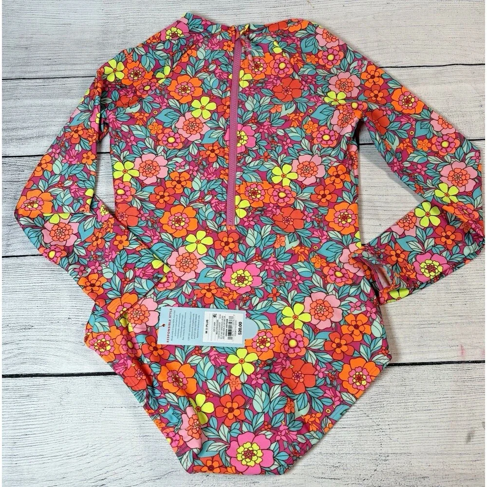 Cat & Jack Girls Sz 8 Plus M Long sleeve Swim Rash Guard Swimsuit Floral NEW